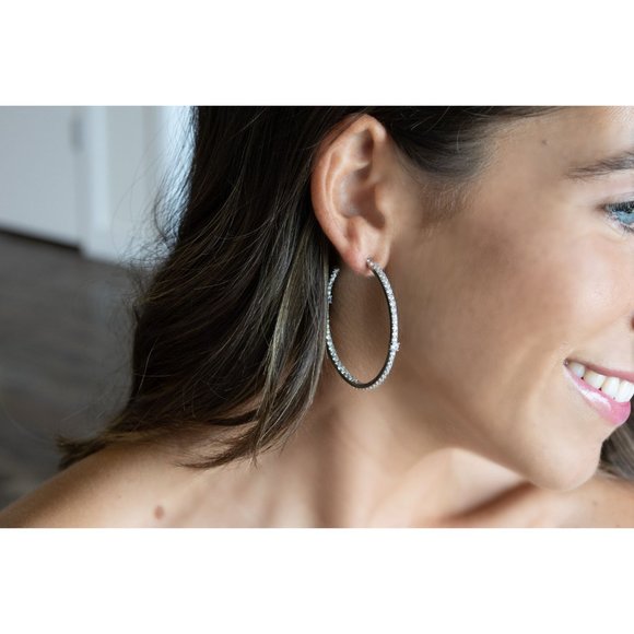 Silver or Gold Pave Diamond CZ Hoop Earrings, Open Back Hoop Earrings - Picture 7 of 11